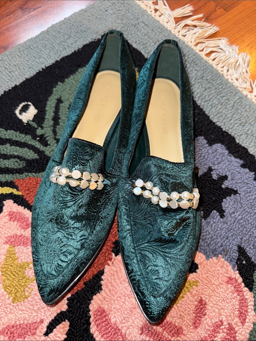 Marc Fisher Emerald Green Embossed Velvet Pearl-Embellished Loafers
